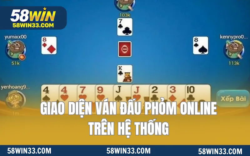 Giao diện ván đấu phỏm online trên hệ thống